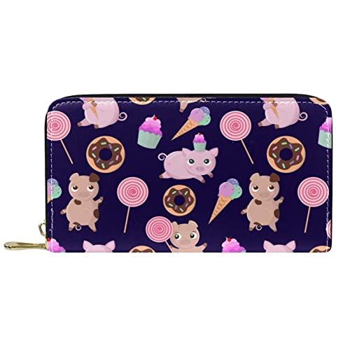 NLWQEKV Lange Geldbörse aus Leder mit Reißverschluss, Cartoon-Schwein, Donut, EIS, Lutscher, Geldbörse aus Leder von NLWQEKV