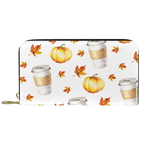 NLWQEKV Lange Geldbörse aus Leder mit Reißverschluss, Herbstblätter und Kürbis-Geldbörse aus Leder von NLWQEKV
