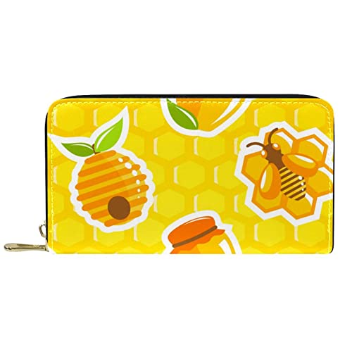 NLWQEKV Lange Geldbörse aus Leder mit Reißverschluss, Honigwabenmuster, gelbes Portemonnaie aus Leder von NLWQEKV