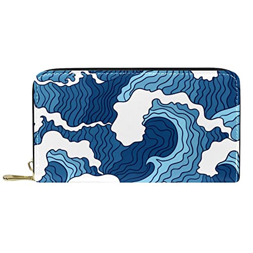NLWQEKV Lange Geldbörse aus Leder mit Reißverschluss, Japanisches abstraktes blaues Wellen-Geldbörse aus Leder von NLWQEKV