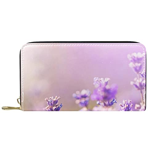 NLWQEKV Lange Geldbörse aus Leder mit Reißverschluss, Lavendelblume, lila Blüte, personalisierbare Geldbörse von NLWQEKV