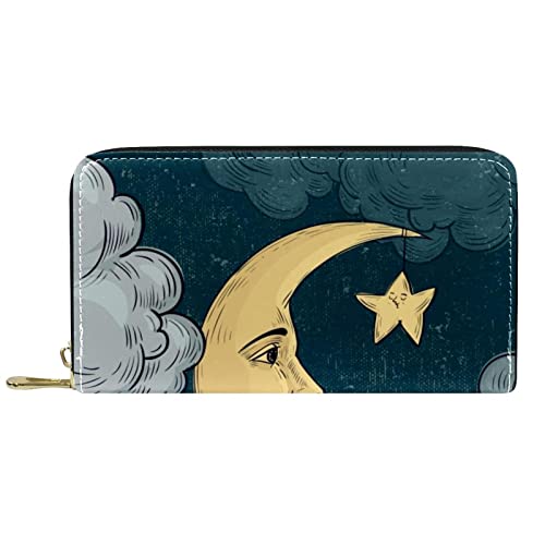 NLWQEKV Lange Geldbörse aus Leder mit Reißverschluss, Mond und Sterne, Nachthimmel, personalisierbare Geldbörse von NLWQEKV