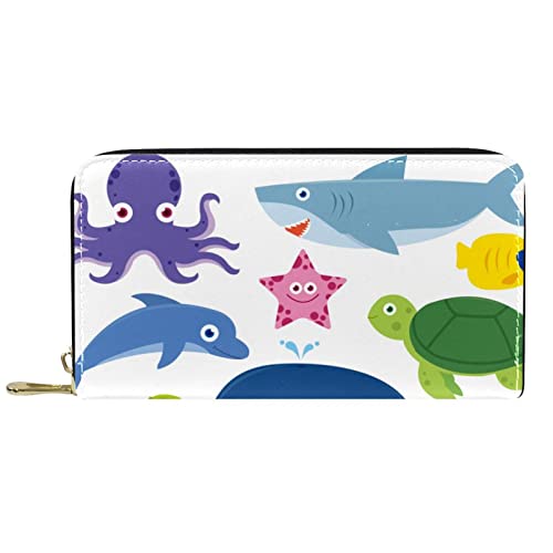 NLWQEKV Lange Geldbörse aus Leder mit Reißverschluss, Oktopus, Hai, Krabbe, Schildkröte, Schnecke, Geldbörse aus Leder von NLWQEKV
