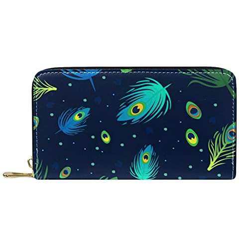 NLWQEKV Lange Geldbörse aus Leder mit Reißverschluss, Pfauenfeder, dunkle Farbe, personalisierbare Geldbörse von NLWQEKV