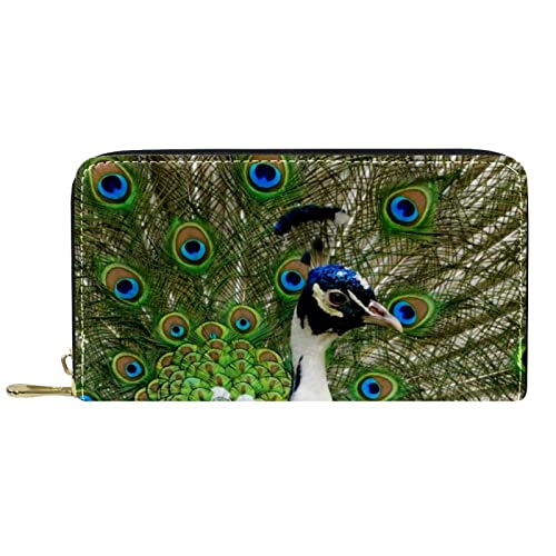 NLWQEKV Lange Geldbörse aus Leder mit Reißverschluss, Pfauenmuster, personalisierbare Geldbörse von NLWQEKV