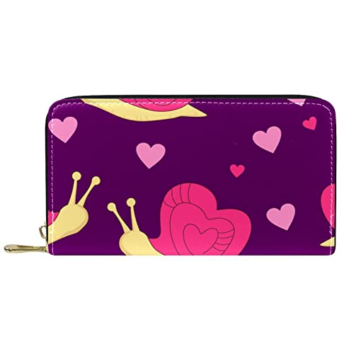 NLWQEKV Lange Geldbörse aus Leder mit Reißverschluss, Rosy Yellow Snails Heart Purple Background Wallet Leder von NLWQEKV