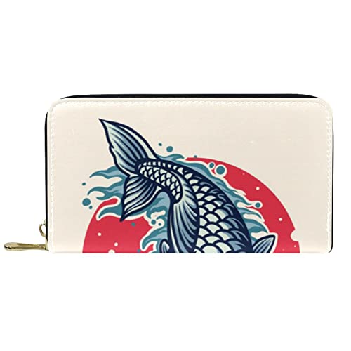 NLWQEKV Lange Geldbörse aus Leder mit Reißverschluss, Vintage-Koi-Geldbörse aus Leder von NLWQEKV
