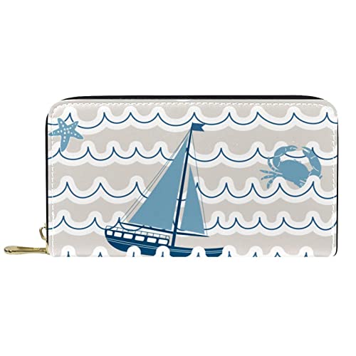 NLWQEKV Lange Geldbörse aus Leder mit Reißverschluss, Wellenmuster mit nautischen Symbolen, personalisierbare Geldbörse von NLWQEKV