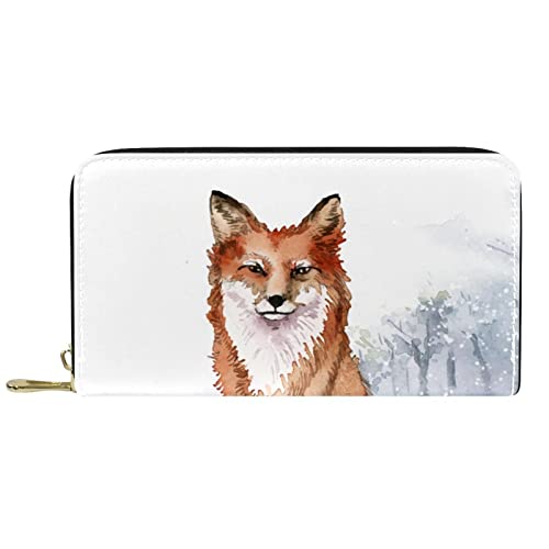 NLWQEKV Lange Geldbörse aus Leder mit Reißverschluss, Winter-Schneefuchs-Geldbörse aus Leder von NLWQEKV