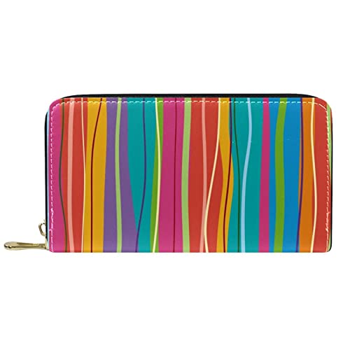 NLWQEKV Lange Geldbörse aus Leder mit Reißverschluss, bunt gestreift, rot, blau, orange, Regenbogen-Geldbörse aus Leder von NLWQEKV