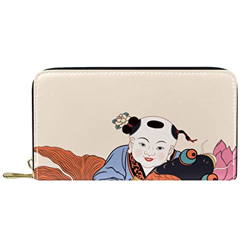 NLWQEKV Lange Geldbörse aus Leder mit Reißverschluss, chinesisches Neujahr, Fuwa-Fisch, Lotus-Geldbörse aus Leder von NLWQEKV