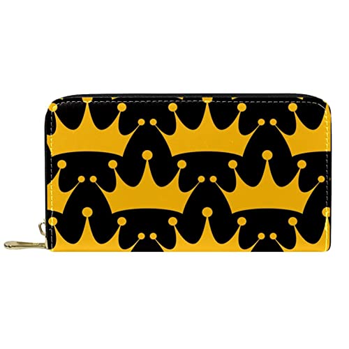 NLWQEKV Lange Geldbörse aus Leder mit Reißverschluss, goldenes Königskronenmuster, Schwarze Geldbörse aus Leder von NLWQEKV