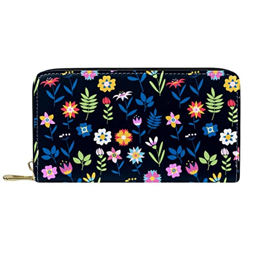 NLWQEKV Lange Geldbörse aus Leder mit Reißverschluss, mehrfarbiges Blumen-Portemonnaie aus Leder von NLWQEKV