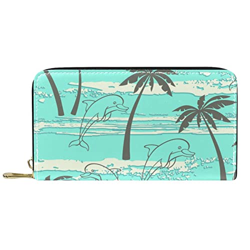 NLWQEKV Lange Geldbörse aus Leder mit Reißverschluss, nahtloses Muster mit Delfinen und Palmen, personalisierbar von NLWQEKV