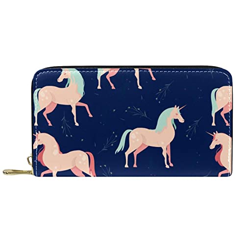 NLWQEKV Lange Geldbörse aus Leder mit Reißverschluss, rosa, geheimnisvolles Einhornmuster, Blaue Geldbörse aus Leder von NLWQEKV