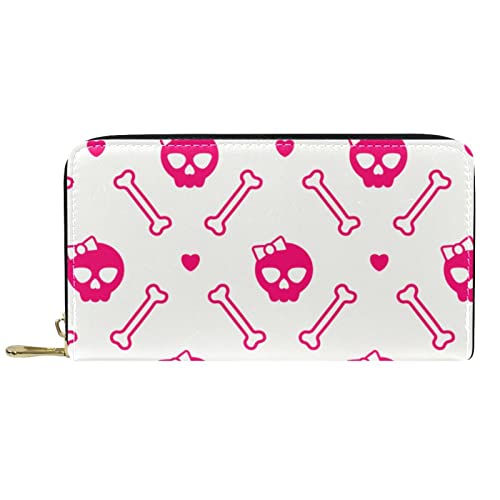 NLWQEKV Lange Geldbörse aus Leder mit Reißverschluss, rosa Totenköpfe und Knochen, personalisierbare Geldbörse von NLWQEKV