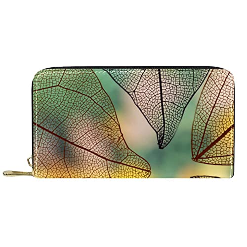 NLWQEKV Lange Geldbörse aus Leder mit Reißverschluss, transparent, Herbstblätter, Pflanzen-Geldbörse aus Leder von NLWQEKV