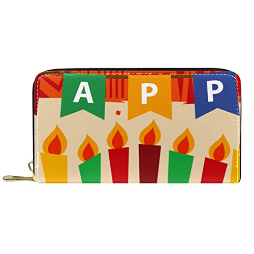 NLWQEKV Lange Geldbörse aus Leder mit Reißverschluss „Happy Kwanzaa“ mit bunter Kerze, personalisierbare Geldbörse von NLWQEKV