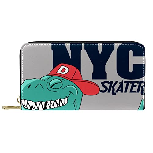 NLWQEKV Lange Geldbörse aus Leder mit Reißverschluss. Coole Dinosaurier-Skateboard-Geldbörse aus Leder von NLWQEKV
