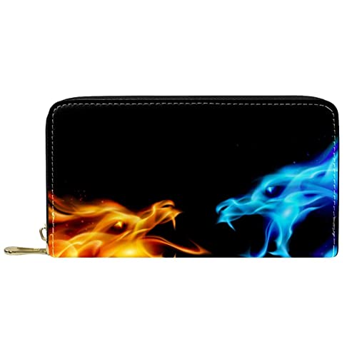 NLWQEKV Lange Leder-Geldbörse mit Reißverschluss, Drachenblau und Feuerrot, personalisierbare Geldbörse von NLWQEKV