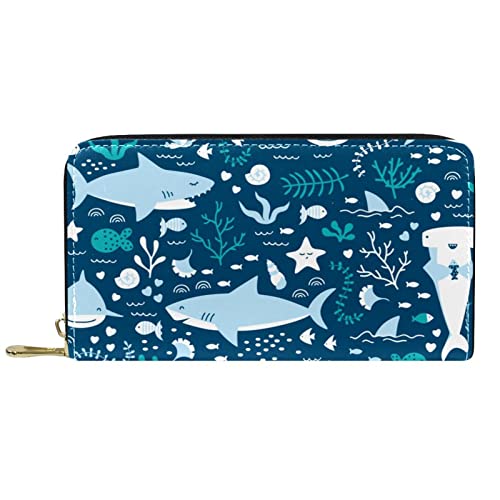 NLWQEKV Lange Leder-Geldbörse mit Reißverschluss, blaues Haimuster, personalisierbare Geldbörse von NLWQEKV