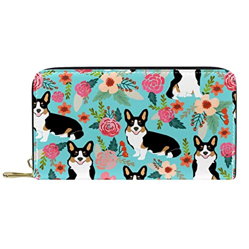 NLWQEKV Lange Leder-Geldbörse mit Reißverschluss, schöne Corgis und Blumen, personalisierbare Geldbörse von NLWQEKV