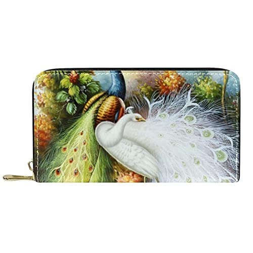 NLWQEKV Langes Portemonnaie aus Leder mit Reißverschluss, Beauty Peacock Green White, personalisierbare Geldbörse von NLWQEKV