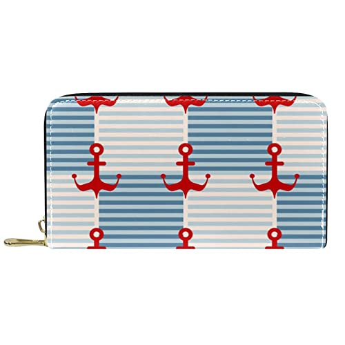 NLWQEKV Langes Portemonnaie aus Leder mit Reißverschluss, Blaue Meeresanker, nautische, personalisierbare Geldbörse von NLWQEKV