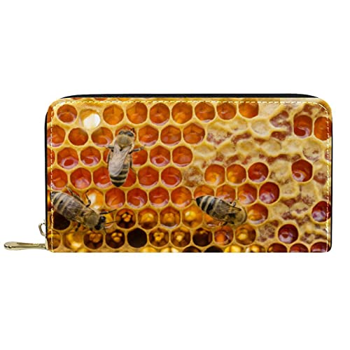 NLWQEKV Langes Portemonnaie aus Leder mit Reißverschluss, Draufsicht, Bienenwabe mit Bienen, Gelb, personalisierbare Geldbörse von NLWQEKV