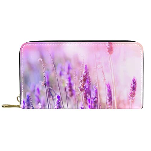 NLWQEKV Langes Portemonnaie aus Leder mit Reißverschluss, Lavendelblüten-Pflanze, personalisierbare Geldbörse von NLWQEKV