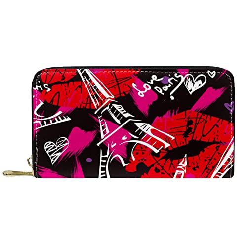 NLWQEKV Langes Portemonnaie aus Leder mit Reißverschluss, Paris, Eiffelturm, Liebeslippenmuster, personalisierbare Geldbörse von NLWQEKV