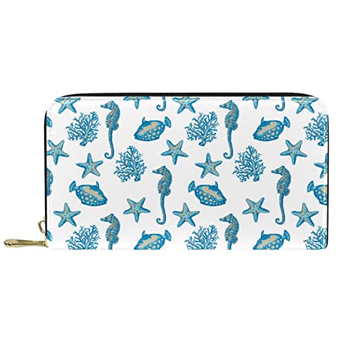 NLWQEKV Langes Portemonnaie aus Leder mit Reißverschluss, Korallenfisch, Seepferdchen, personalisierbare Geldbörse von NLWQEKV