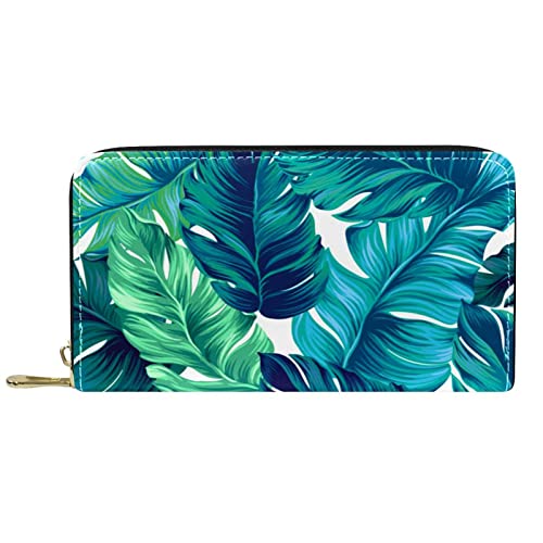 NLWQEKV Langes Portemonnaie aus Leder mit Reißverschluss, grüne Tropenwaldblätter, personalisierbare Geldbörse von NLWQEKV