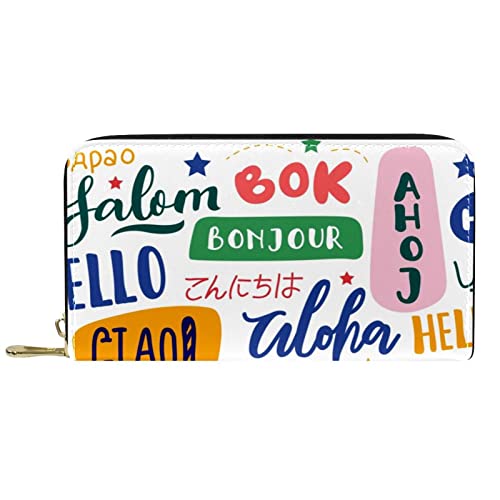 NLWQEKV Langes Portemonnaie aus Leder mit Reißverschluss „Hello Different Language, personalisierbare Geldbörse von NLWQEKV