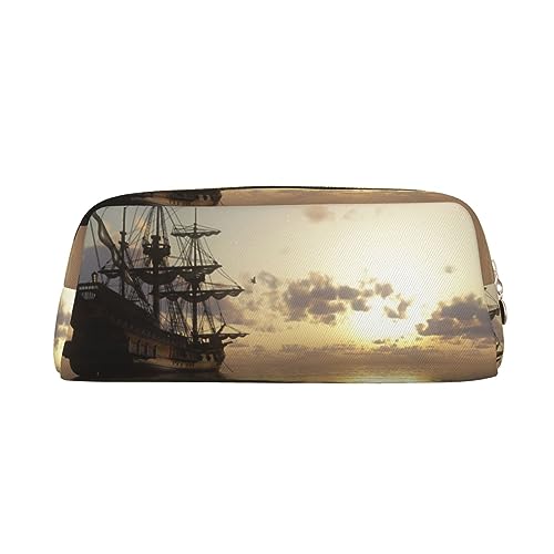 NLWQEKV Leder-Federmäppchen mit Piratenschiff-Aufdruck, Federmäppchen, Federmäppchen, Leder-Bleistiftbeutel, Schreibwaren-Tasche, Organizer von NLWQEKV