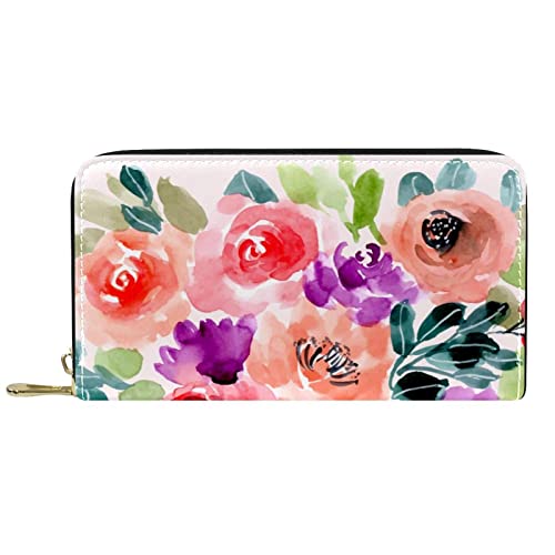 NLWQEKV Leder-Geldbörse für Herren, große Damen-Geldbörse für Karten, Aquarell-Blumenmuster, Münzfach mit Reißverschluss von NLWQEKV