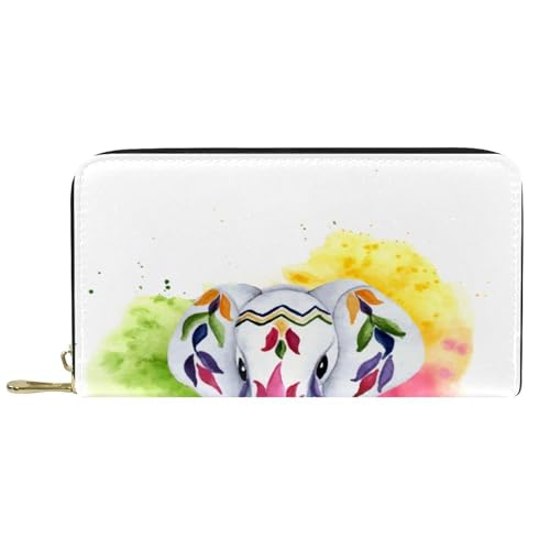 NLWQEKV Leder-Geldbörse für Herren, große Damen-Geldbörse für Karten, Aquarell-Elefant, Münzfach mit Reißverschluss von NLWQEKV