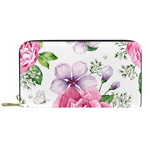 NLWQEKV Leder-Geldbörse für Herren, große Damen-Geldbörse für Karten, Baumrosen, Schmetterlingsblumen, Münzfach mit Reißverschluss von NLWQEKV