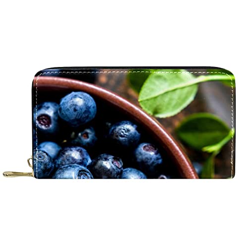 NLWQEKV Leder-Geldbörse für Herren, große Damen-Geldbörse für Karten, Bilder von Blaubeerfrüchten, Münzfach mit Reißverschluss von NLWQEKV