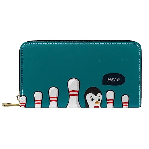 NLWQEKV Leder-Geldbörse für Herren, große Damen-Geldbörse für Karten, Bowling-Motiv, Münzfach mit Reißverschluss von NLWQEKV