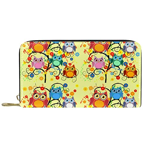 NLWQEKV Leder-Geldbörse für Herren, große Damen-Geldbörse für Karten, Bunte Cartoon-Eulen, Münzfach mit Reißverschluss von NLWQEKV