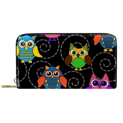 NLWQEKV Leder-Geldbörse für Herren, große Damen-Geldbörse für Karten, Bunte Cartoon-Eulen, Münzfach mit Reißverschluss von NLWQEKV