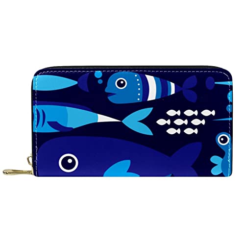 NLWQEKV Leder-Geldbörse für Herren, große Damen-Geldbörse für Karten, Cartoon-Haiwal, Münzfach mit Reißverschluss von NLWQEKV