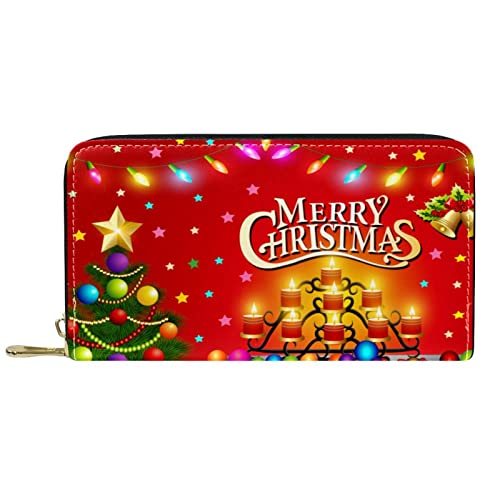 NLWQEKV Leder-Geldbörse für Herren, große Damen-Geldbörse für Karten, Cartoon-Weihnachtsbaumkerzen, Münzfach mit Reißverschluss von NLWQEKV
