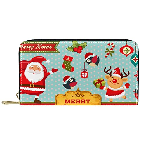 NLWQEKV Leder-Geldbörse für Herren, große Damen-Geldbörse für Karten, Cartoon-Weihnachtsmann, Elch, Weihnachten, Münzfach mit Reißverschluss von NLWQEKV
