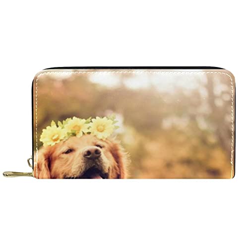 NLWQEKV Leder-Geldbörse für Herren, große Damen-Geldbörse für Karten, Hundeblumen, Münzfach mit Reißverschluss von NLWQEKV
