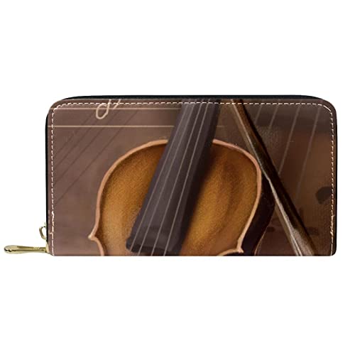 NLWQEKV Leder-Geldbörse für Herren, große Damen-Geldbörse für Karten, Retro-Musikgeige, Münzfach mit Reißverschluss von NLWQEKV