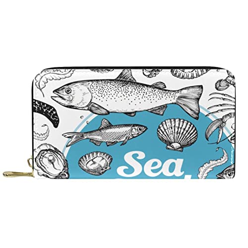 NLWQEKV Leder-Geldbörse für Herren, große Damen-Geldbörse für Karten, Seefisch-Muster, Münzfach mit Reißverschluss von NLWQEKV