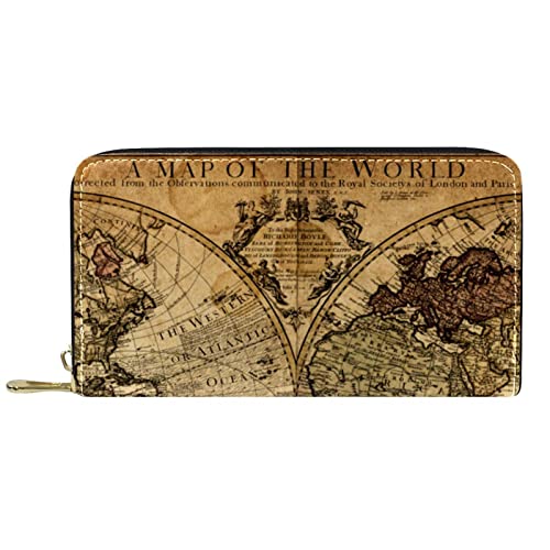 NLWQEKV Leder-Geldbörse für Herren, große Damen-Geldbörse für Karten, Vintage-Weltkarte, Münzfach mit Reißverschluss von NLWQEKV