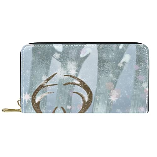 NLWQEKV Leder-Geldbörse für Herren, große Damen-Geldbörse für Karten, Waldelch schneit, Münzfach mit Reißverschluss von NLWQEKV